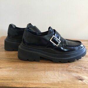 G.H.Bass black patent Platform Derby 9